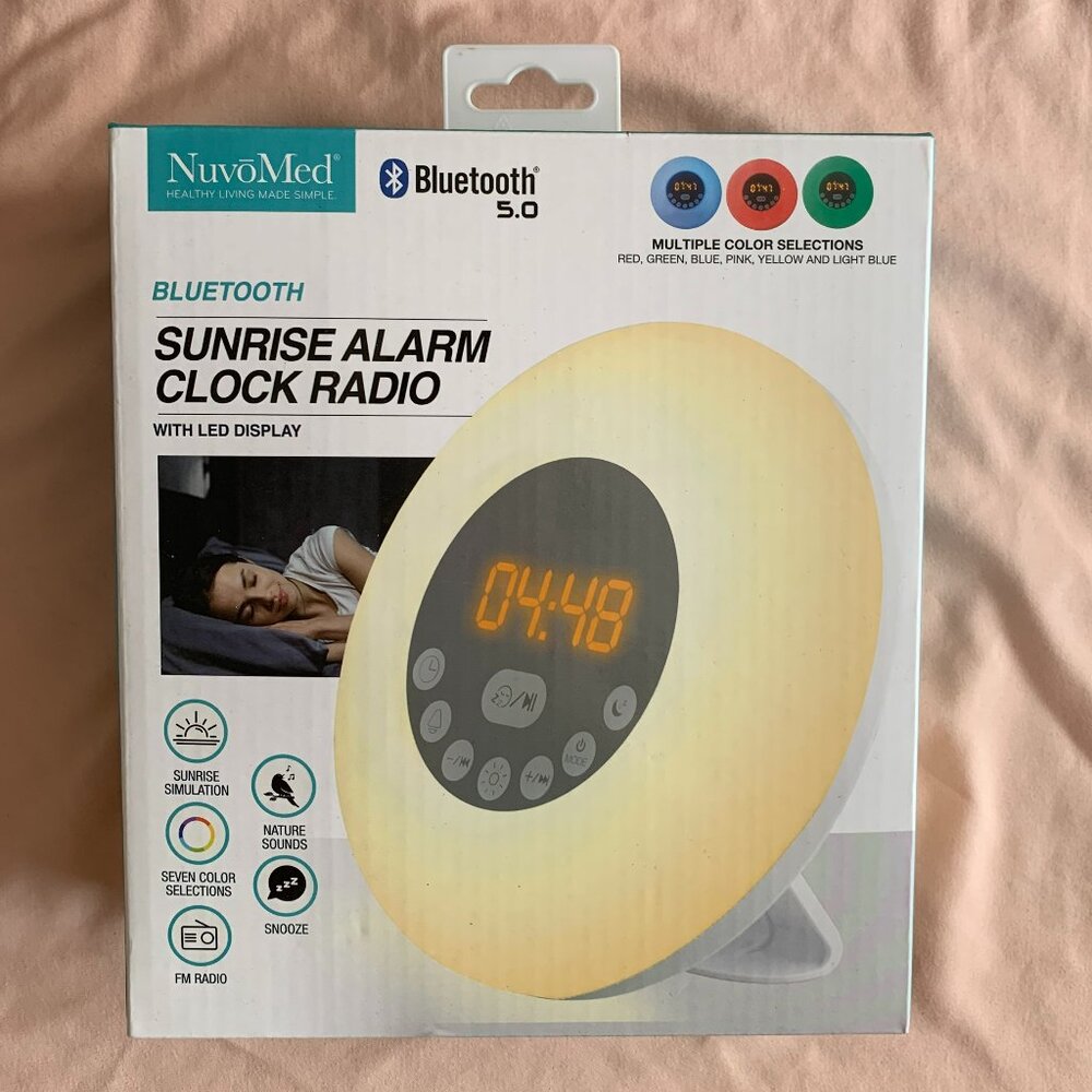 New! NuvoMed Sunrise Alarm Clock Radio Bluetooth Led Display Multiple Color